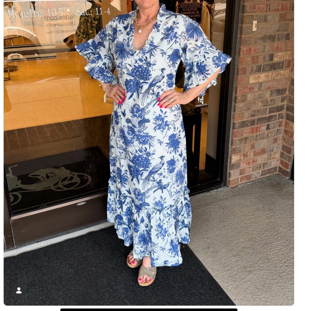 FITZ AND WILLA SOLEIL MAXI DRESS IN BLUE TOILE